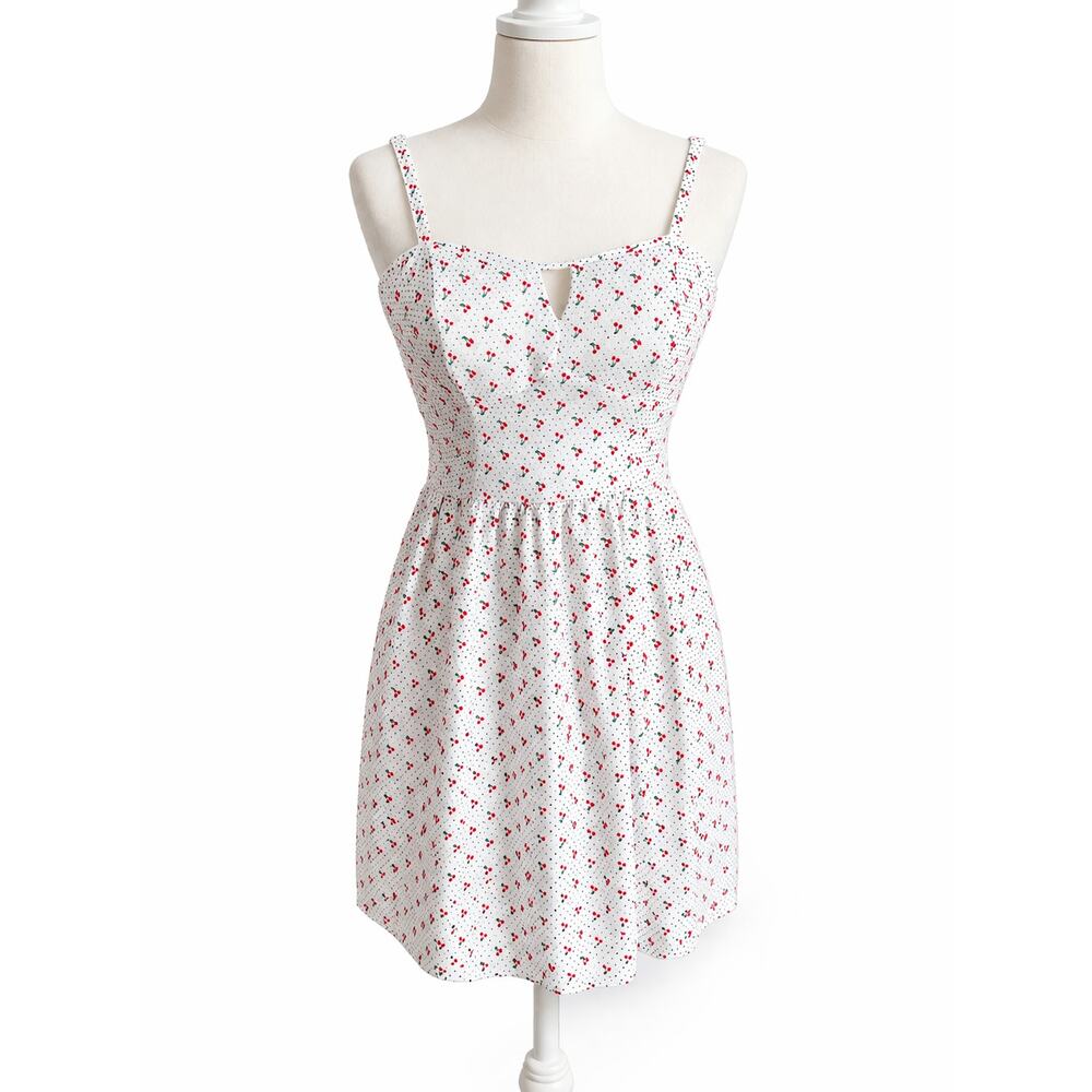 AUW White Cherry Polka Dot Print Sun Dress Women's Large Fit & Flare Smocked